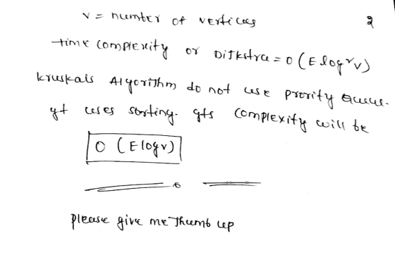 number of vertices time complexity Ditkatya = 0 (E logar) kruskais Algorithm do not use prority Queues coses starting its com