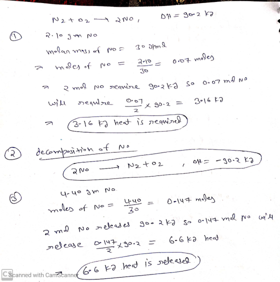 Natoz a no, DH = go-2 ka 2.10 grm NO m9 «л түс - moles of о No = 39 [m 9 2010 - 0.07 moles a 30 a 2 mol no reanine googka so