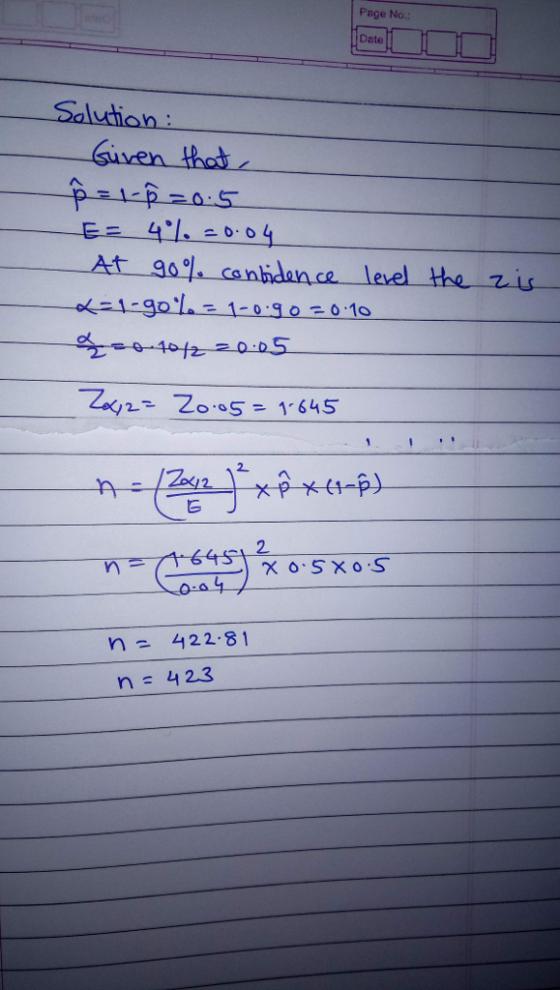Page No.: Date Salution Guven thod At 90 % co nidence level the-z it- n :/zs니x p x (1-p) 2 n422.81 n= 42.3