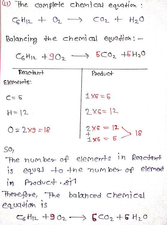 (L1). The complete chemical equation : GH12 + O2 CO2 + H₂O Balancing the chemical equation: - CGHz +902 → 600, +6H2O Product
