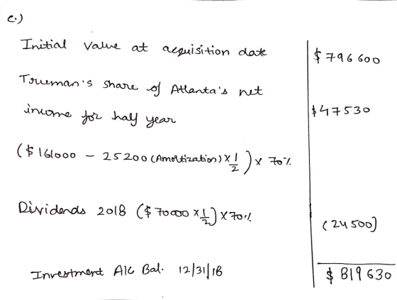 ) Initial value at acquisition date $796600 Trumans share of Atlantas net income for $47530 half year ($ 161000 - 25200 (Am