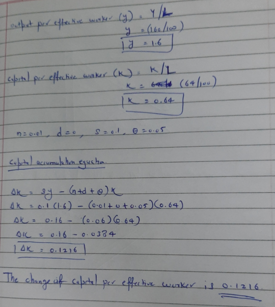 Loutput perefteNiue wioke (y). YL 2=16 caprtalpereftechive wa ker (k)= K/L K: 644 (64/1u) 2 0.64 cobital accumulahon eguchm.