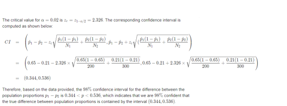 The critical value for a = 0.02 is ze = 21-a/2 = 2.326. The corresponding confidence interval is computed as shown below CI (