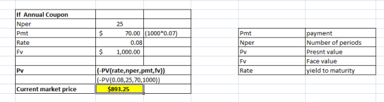 If Annual Coupon Nper Pmt Rate $ 25 70.00 (1000*0.07) 0.08 1,000.00 Pmt Nper FV $ Pv FV payment Number of periods Presnt valu
