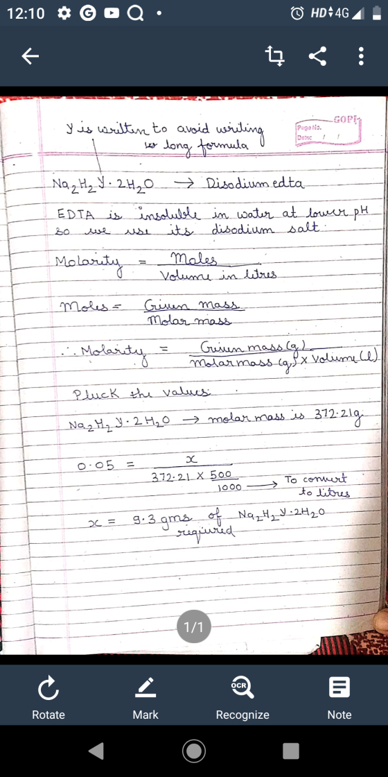 12:10 • COQ © HD-4G 4 Ę COPI y is written to avoid writing too long formula o pagatio. Deto: . Na H₂Y. 2H₂0 Disodium edta-