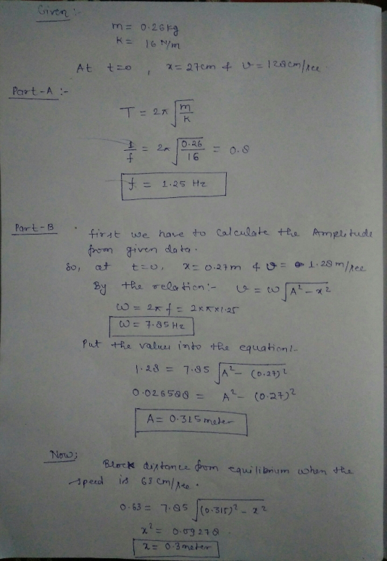 Given m= 0.26F9 K = 16 N/m 7 27cm t =129cm/ree At t 0 t Part-A - T27 0.R6 2 0.8 1 6 1.25 Hz Part-B firat we hare to Calculate