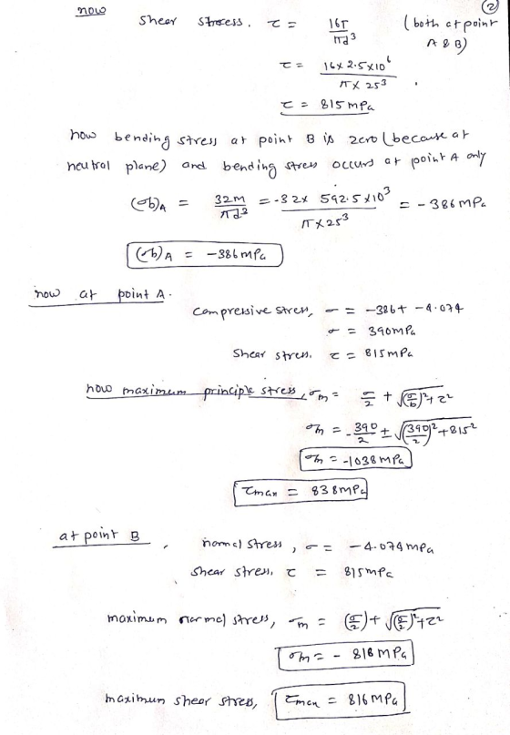 now Shear Strecess. てっ (both at point 2B) 165 таз 16x2.5x10 ITX 253 TE てっ 815 mpa how bending stress at point B is zero (bec