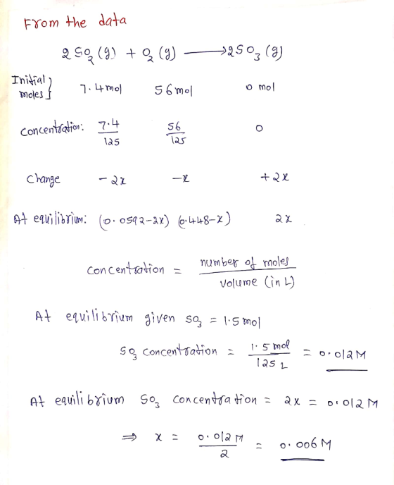 FYom the data २ S९ (৪) + 2 (a) Initial o mol 7 4mol 56mol Moles 56 Concentration: 7-4 las + २४ Change At equilibrium (o osa3-