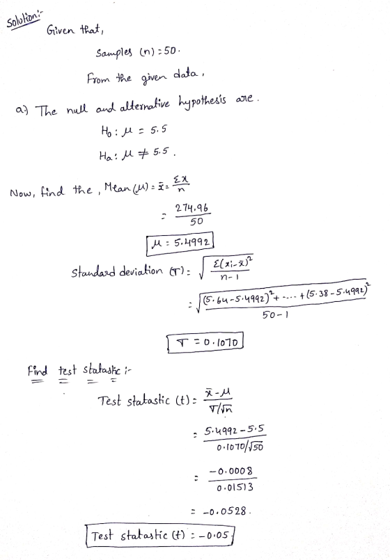 Solution- Given that, Samples in ) -50. from the given data, a.) The null and alternative hypothesis are. Hoi l = 5.5 Hail 75