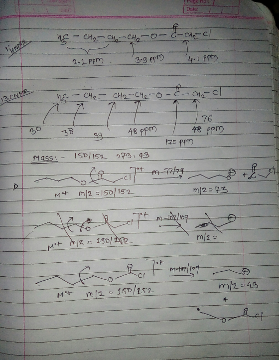 Page No. Date: Mage - CH₂ C4 r 2.1 ppm C4-0-6-cho-cl I 3.gppm 4.1 ppm 13 CNMR ne - CH2 CH2-c4-o-&- ch-cl 76 30 38 a 48 ppm ,