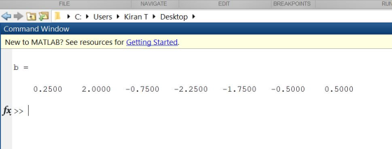 EDIT BREAKPOINTS RUN FILE NAVIGATE da C: Users Kiran I Desktop Command Window New to MATLAB? See resources for Getting Starte