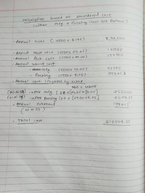 calculation Calhen based on mag. & stundared cost Packing lines are replaced a 1. Annual 7.97,500 sales C 5500X $145) 35575 1