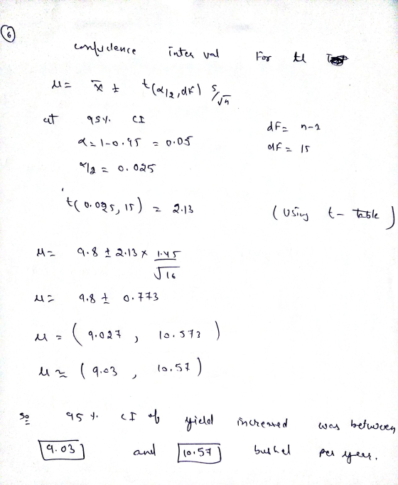6 confulence intce val For te U + t(ale, drl S lun at asy. dF= n-1 a-1-0.95 = 0.05 df IS Alg 0.025 t( 6.095, is is) 2 2.13 (u