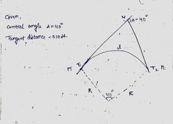 NA . Civen, central angle A=40° Tungent distance - 51004 PT TV Pe ....