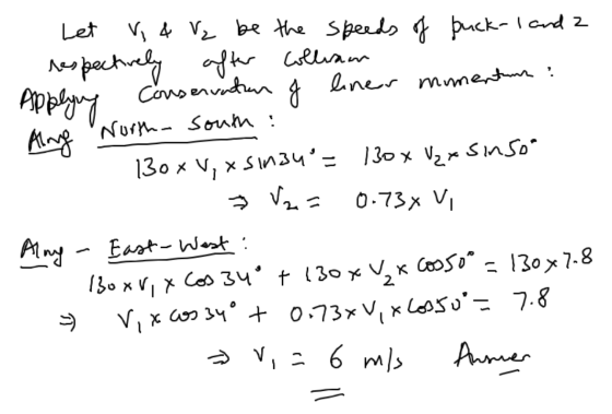 Let V, 4 Vz be the speeds of puck-1 and 2 respectively after colliam Applyng Conservation of liner momentan : Along North Sou