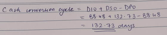 Cash conversion cycle = DIO+DSO-DPO = 88.48 + 132.73-88.48 - 132.73 days