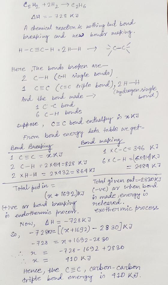 C2 H₂ +2H2 C2H6 AH = - 728 KJ A chemical reaction is nothing but bond breaking and new bonds making. H-CEC-H + 2 H+H - cca He