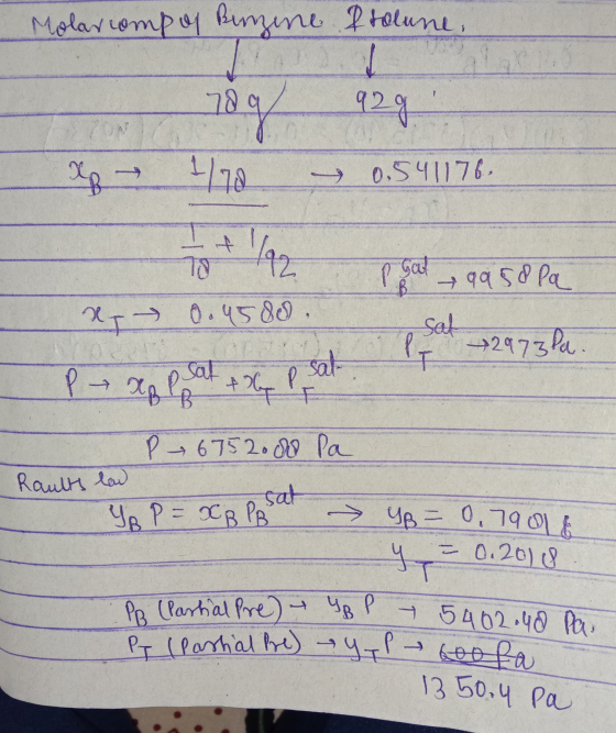 Molar comp of Benzine Stolune. 7890 929 x 0,541176 1/70 Yaz f P Gal 99 58 Pa x 0.4580 sat P +2973 Pa. Pa xo Ana P sal I B P 6