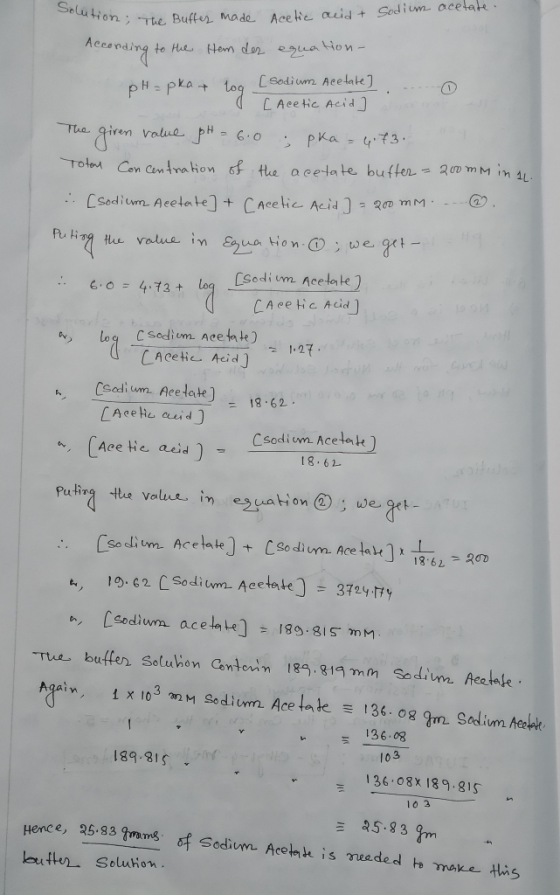 Solution, The But Sodium Acetic acid + n; The Buftes made acetate. According to the Hem der equation- pH-pkat log [ Sodium Ac