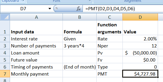 Clipboard D А 1 Input data 2 Interest rate 3 Number of payments 4 Loan amount 5 Future value 6 Timing of payments 7 Monthly p