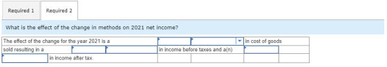 Required 1 Required 2 What is the effect of the change in methods on 2021 net income? in cost of goods The effect of the chan