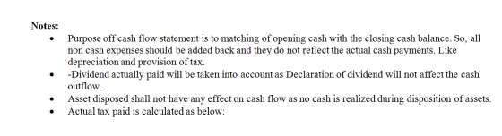 Notes: Purpose off cash flow statement is to matching of opening cash with the closing cash balance. So, all non cash expense