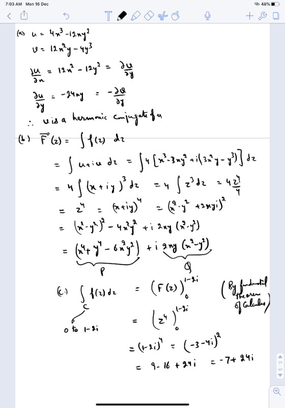 7:03 AM Mon 16 Dec O 48%D (a) u = la*y-чу 12nt - 12y? = Ju : -d -14ng %3D uis a hermomic comjugeti fu :. Surin de = Jo{nany-