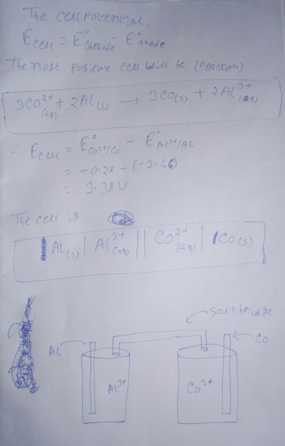 The cell potential Eeen - Fearnose Eanode The most positive cell will be: (reaction) 1 300 2+ + 2 Ali 3 Cols + 2 Also Eren -
