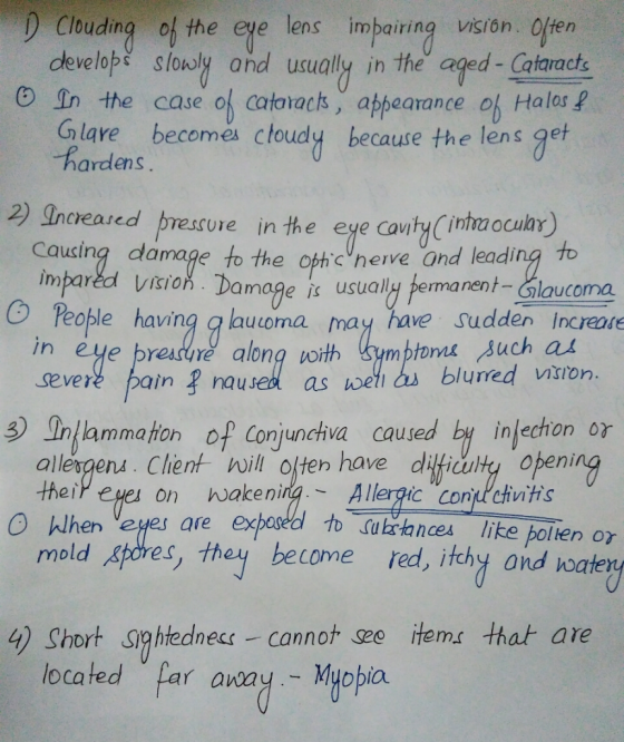 ) Cloudiną of the eye lens imbairing vision. Often develope slowly and usually in the aged- Cataracts 6 In the case of catova