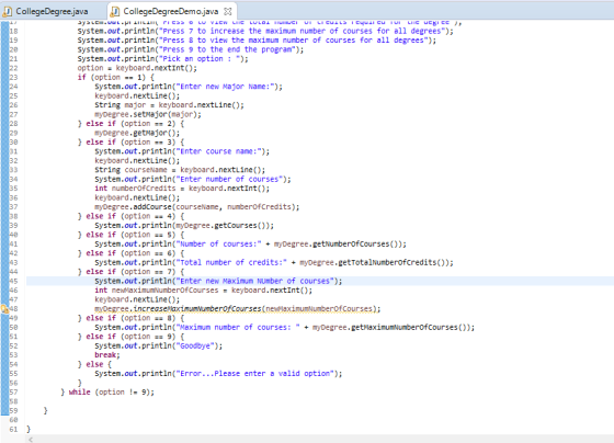 14 20 21 24 26 28 29 30 31 33 34 35 38 CollegeDegree.java CollegeDegree Demo.java X sysLCI.UUL. PILIILII rico LU VIEW LIIC LU