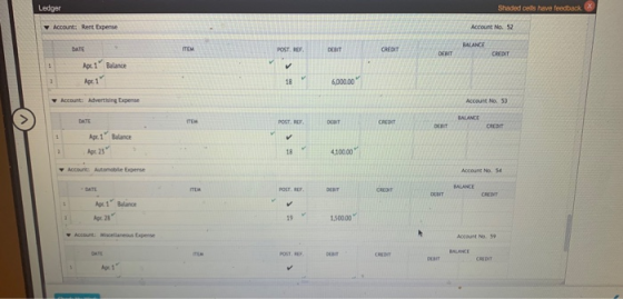Ledger Shaded cells have feedback Account: Rent Expense Account No. 52 BALANCE DATE ITEM POST. REF DEBIT CREDIT DET CREDIT Ap