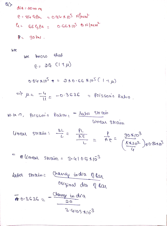 Q> dia=20mm E = 86 Cepen =0.868165 shumt 0.66*105 N/mm² G= 66 egpa = PE goln . we that we know EE 29 Cltu) 0.84*108 - 980.66