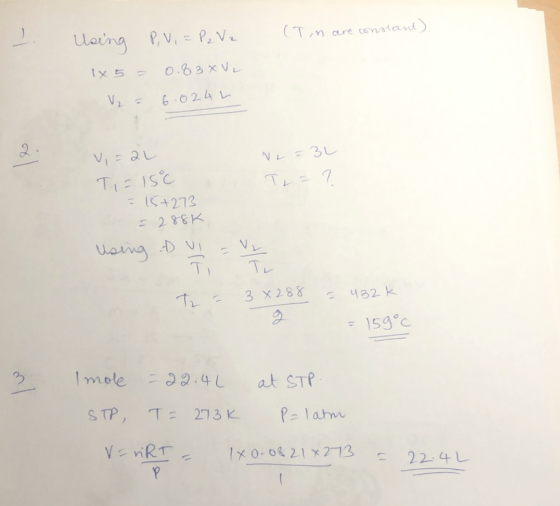 (Tin are constant) Using P, V, = P₂ V2 1x5= 0.83XV2 V₂ = 6.024L V=2L N2 = 32 Ti=ISC T = ? =15+273 = 288K using DVI = V₂ - Ti