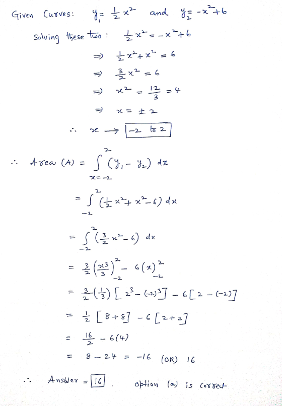 Given Cusves: y = £ x² and y = -x²76 Solving these two 글자는 256 x + x = 를 6 UU 242 - 12 3 24 2 ㅋ 62 2 Area (A) = S (4- ya) = 2