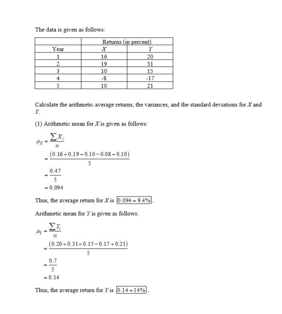 The data is given as follows: Returns (in percent) Year 16 20 31 3 15 -8 T -17 21 Calculate the arithmetic average returns, t