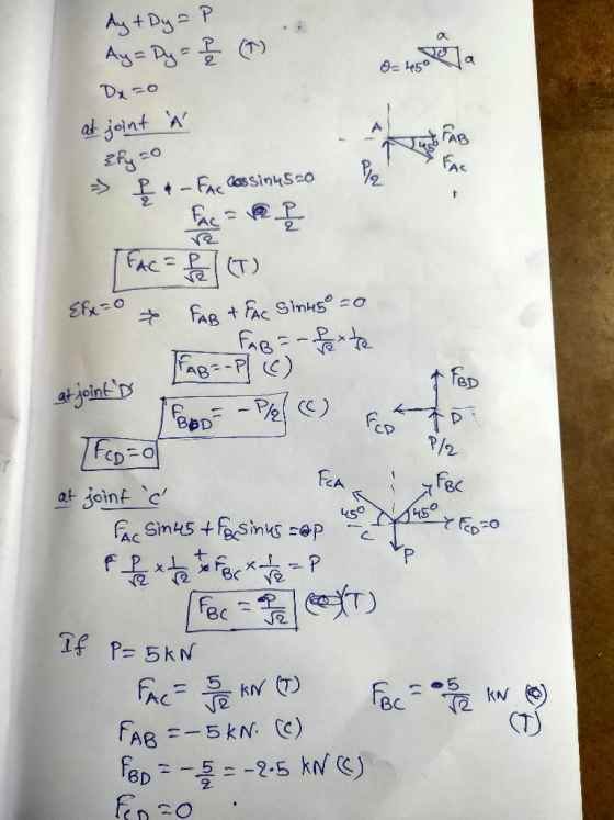 O= 45° Ay + Dy =P Ay=Dy = 2 (1) Dx=0 at joint à fy=0 - I - FAC Cassin4520 & FAB / FAC = f (T) {&x=0 & FAR & FAC Sinus =0 raga