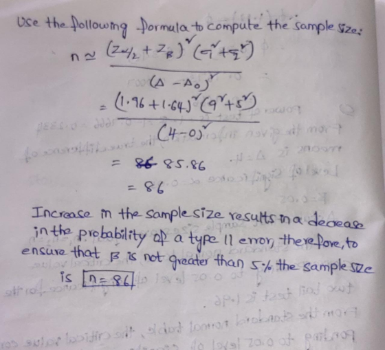 Use the following formala to compute the sample size: (24/₂ + Zp)(ta rons Dog (1.96+1.645 (arts (4-oji nov .:47 on finger fo
