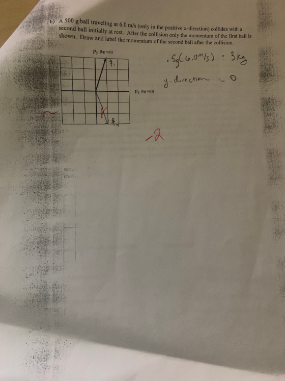 b) A 500 g ball traveling at 6.0 m/s (only in the positive x-direction) collides wir second ball Initially at rest. After the