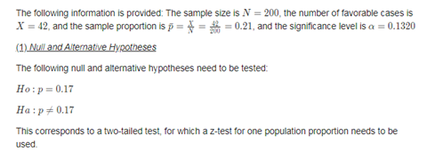 The following information is provided: The sample size is N = 200, the number of favorable cases is X = 42, and the sample pr