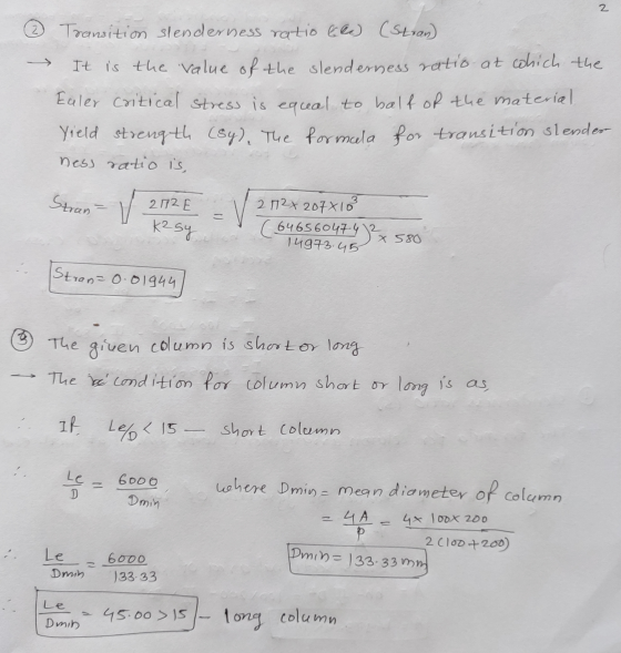 2 Transition slenderness ratio Ele) (Stran) It is the value of the slenderness ratio at which the Euler critical stress is eq