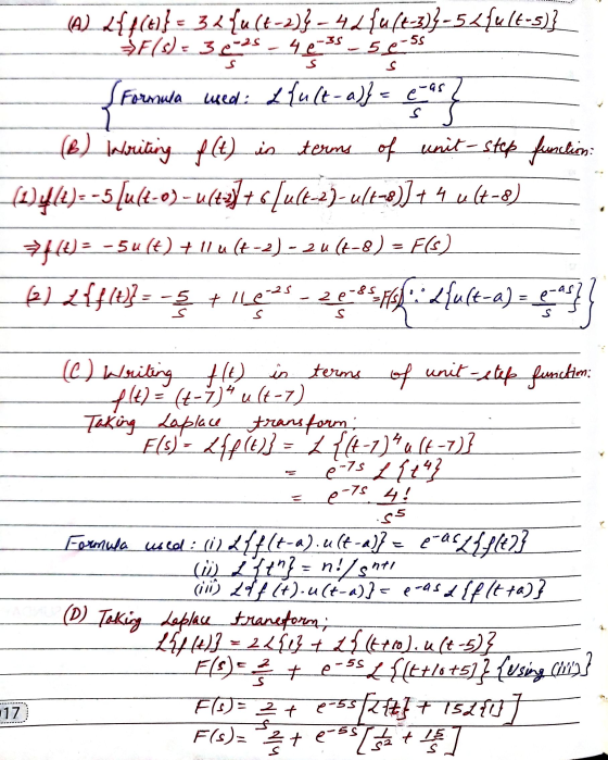 (A) {{4(+1} = 32{u(4-2)}-42{u(4-3)}-5</416-5)} *E(S)- 30-25 40-35 50-55 Formula used: Llult-a)} = e-as S (B) interiting f (t)