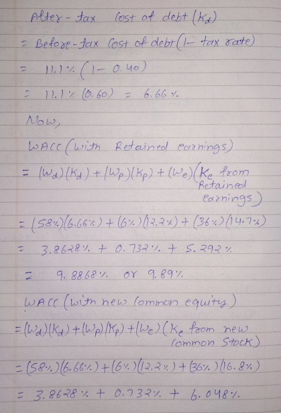 Alter-tax cost of debt (Kd) - Before-tax Cost of debt (1- tax rate) = 11.1% (1 - 0.40) 11.% (0.60) = 6.66% Now, WACC (with Re