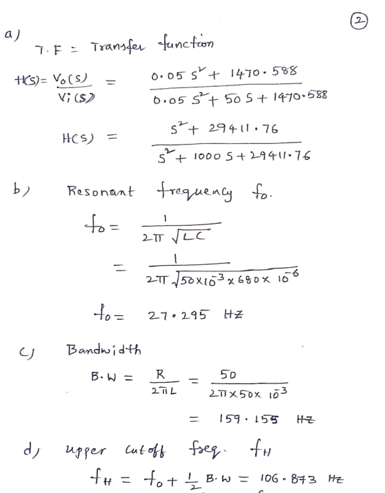 a) 7. F = Transfer function HCS)= Vols) = 0.05s + 1470.588 V;($) 0.055 +505 +14700588 s? + 29411.76 HOS) = - 1000 s +29411.7