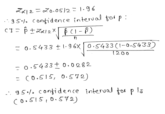 ZK12=20.0512=1.96 195.) confidence interval for p : CI= Ⓡ + 2012* $ C1 - p) n =0.5433 + 1.96X10.5433(1-0.5433) 1200 -0.5433+