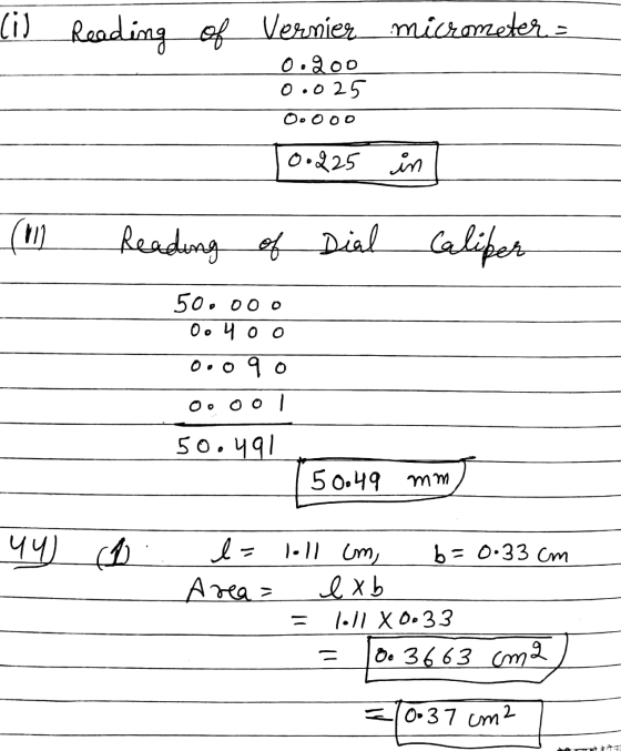 (i) Reading of Verniez of Vernier micrometers 0.200 0.025 Oo ooo 0.225 in (MI) Reading of Dial Caliper 50.000 0o 4 oo Ooo 90