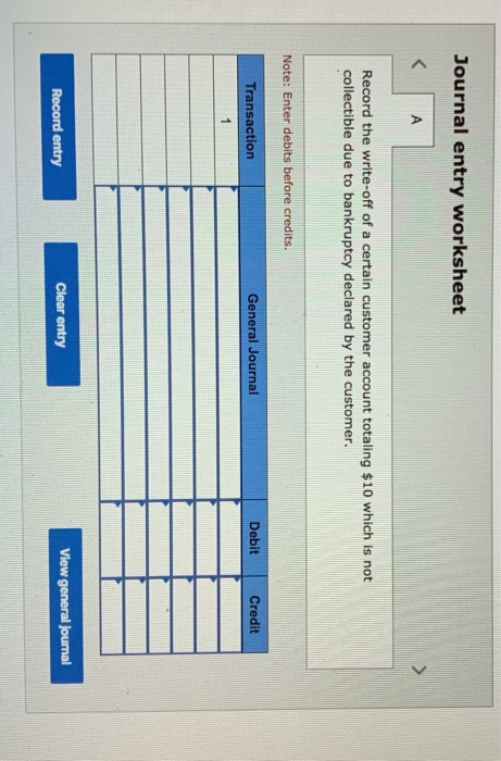 Journal entry worksheet Record the write-off of a certain customer account totaling $10 which is not collectible due to bankr