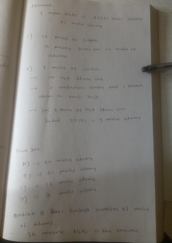 thereton 3 moles Noors = 3X17) moles atomy - 21 moly atoms, moles o siwen. it meurs there are 12 moles os atoms, d) 3 moles o