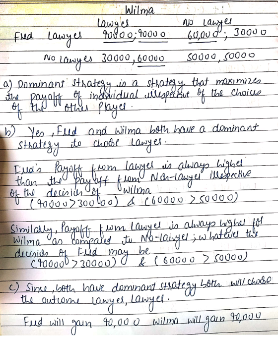 Wilma lawyer Fred Lawyes adoo; 20000 - No Lawyes 30000, 60000 ! 5 LOA / 60000; 30000 50000, 50000 a) Dominant strategy is a s