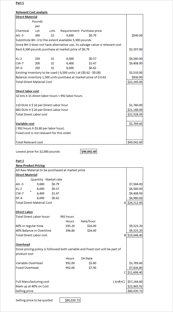 Part 1 Relevant Cost analysis Direct Material Pounds per Chemical Lot Lots Requirement Purchase price AG-5 300 32 9 ,600 $0.7