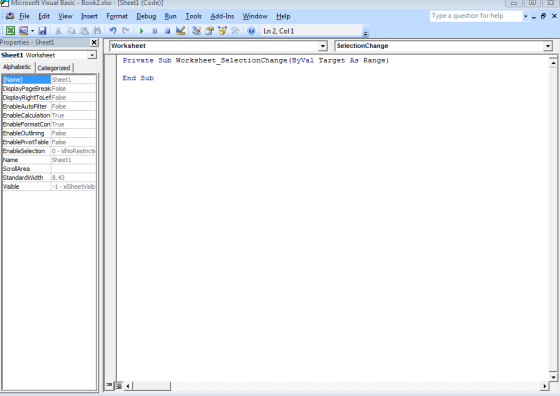 Microsoft Visual Basic - Book2.xlsx - [Sheetl (Code) Type a question for help File Edit View Insert Format Debug Run Iools Ad